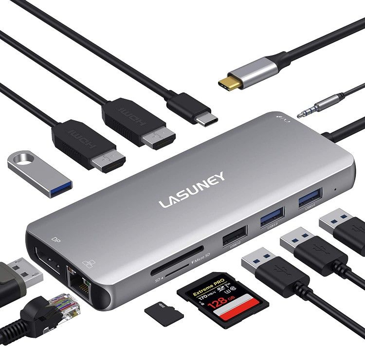 Lasuney USB C Docking Station, 12 in 1 USB C Dock with 2 HDMI & DP, PD3.0, Ethernet, SD TF Card Reader, 4 USB Ports, Mic/Audio, Type C Hub Adapter Don