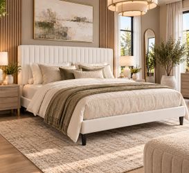 King Bed Frame, Velvet Upholstered Platform Bed with Adjustable Vertical Channel Tufted Headboard, Mattress Foundation with Strong Wooden Slats, Box S