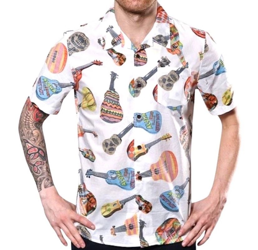 Vans Casual Friday Aloha Shirt Medium White Ukuleles Guitar Summer Tee Button Up