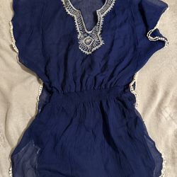 Cejon Womens Size M Blue Embroidered Sheer Cover Up Swim Blouse