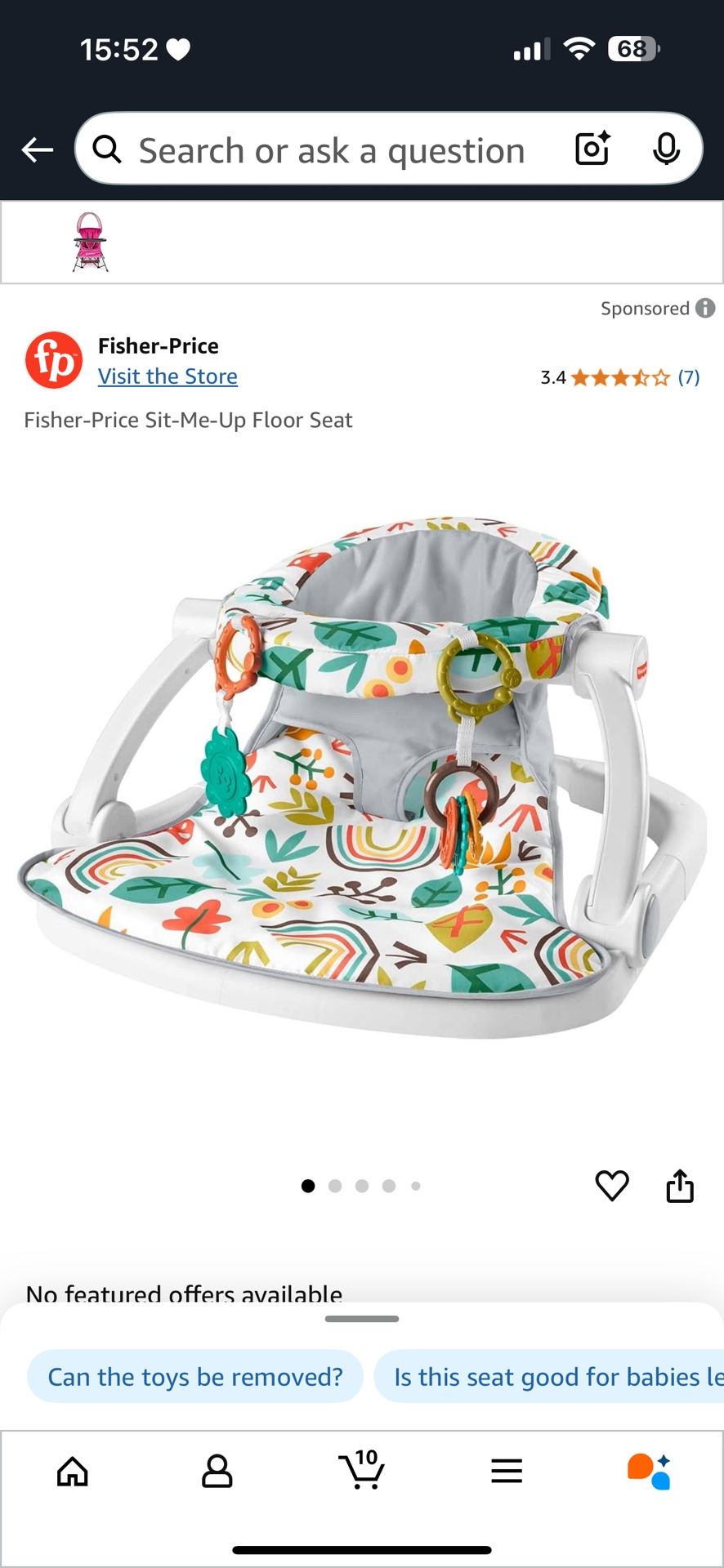 Fisher-Price Portable Baby Chair Sit-Me-Up Floor Seat with Developmental Toys & Machine Washable Seat Pad, Rainbow Showers