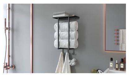 Towel Racks for Bathroom, Bathroom Towel Rack Wall Mounted with Metal Shelf and 3 Hooks for Small Bathroom, Black