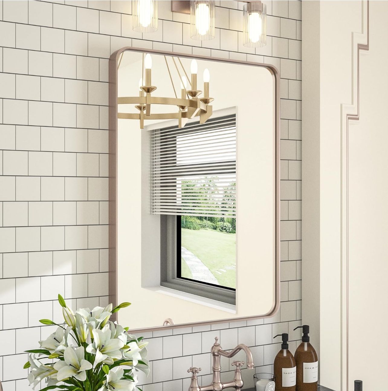 36 x 24 Inch Purple Gold Framed Bathroom Mirror, Warm Gray Bathroom Mirror for Wall Modern Rectangle Vanity Mirror with Aluminum Alloy Ribbed Texture