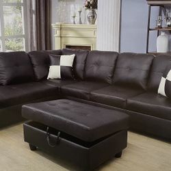 Black Leather Sectional Couch And Ottoman 
