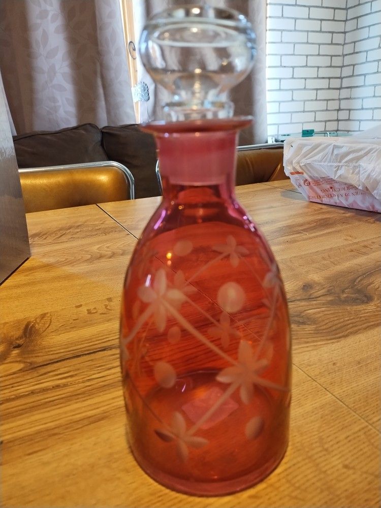 Vintage Etched Cranberry Glass Decanter Just Noticed There Is A Crack In The Top Of The Canter Stopper Has A Crack On The Glass Stopper