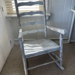 Vintage Farmhouse Wood Ladder Back Rocking Chair with Woven Cane Rush Bottom Seat