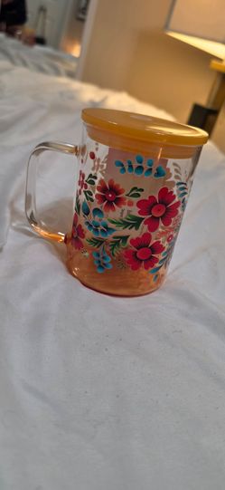 Floral Glass Mug with Lid