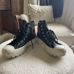 Converse black leather chunky high tops 6.5
