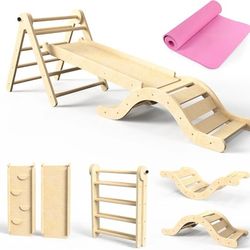 Pikler Triangle Set 7in1 Toddler Climbing Toys Indoor Foldable Baby Climbing Toys Wooden Montessori Climbing Set with Arch, Ramp, Ladder for 1-3 Years