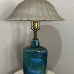 Vintage Mid Century Ceramic Pottery Atomic Blue And Green Drip Glaze Lamp