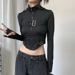 Women's Black Cropped Hooded Full Zip Jacket w/ Thumbholes, Long Sleeve M