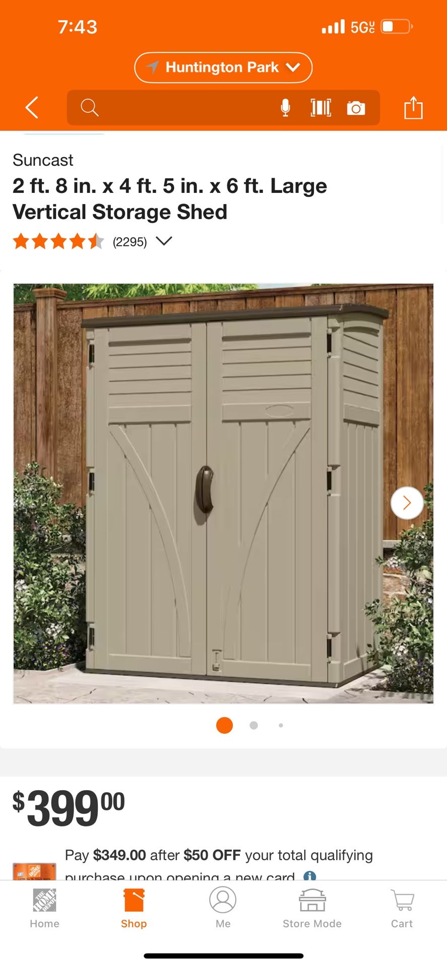 Suncast 2 ft. 8 in. x 4 ft. 5 in. x 6 ft. Large Vertical Storage Shed