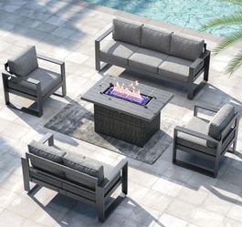 5 Pieces Aluminum Outdoor Patio Furniture Set, Metal Modern Conversation Sofa Set with Fire Pit Table and Washable Thick Cushions for Porch, Backyard,