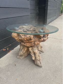 Solid Teak Root Accent Table with 30” Thick Tempered Glass Top – One-of-a-Kind