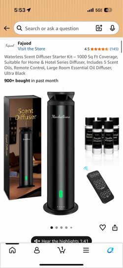 Fajuod Waterless Scent Diffuser Starter Kit with 5 Oils & Remote Control (Ultra Black)