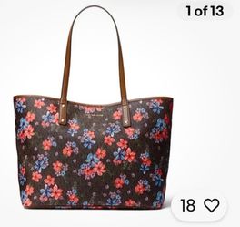 Michael Kors Carter Large Floral-Printed Logo Tote Bag with Coral & Blue Flowers