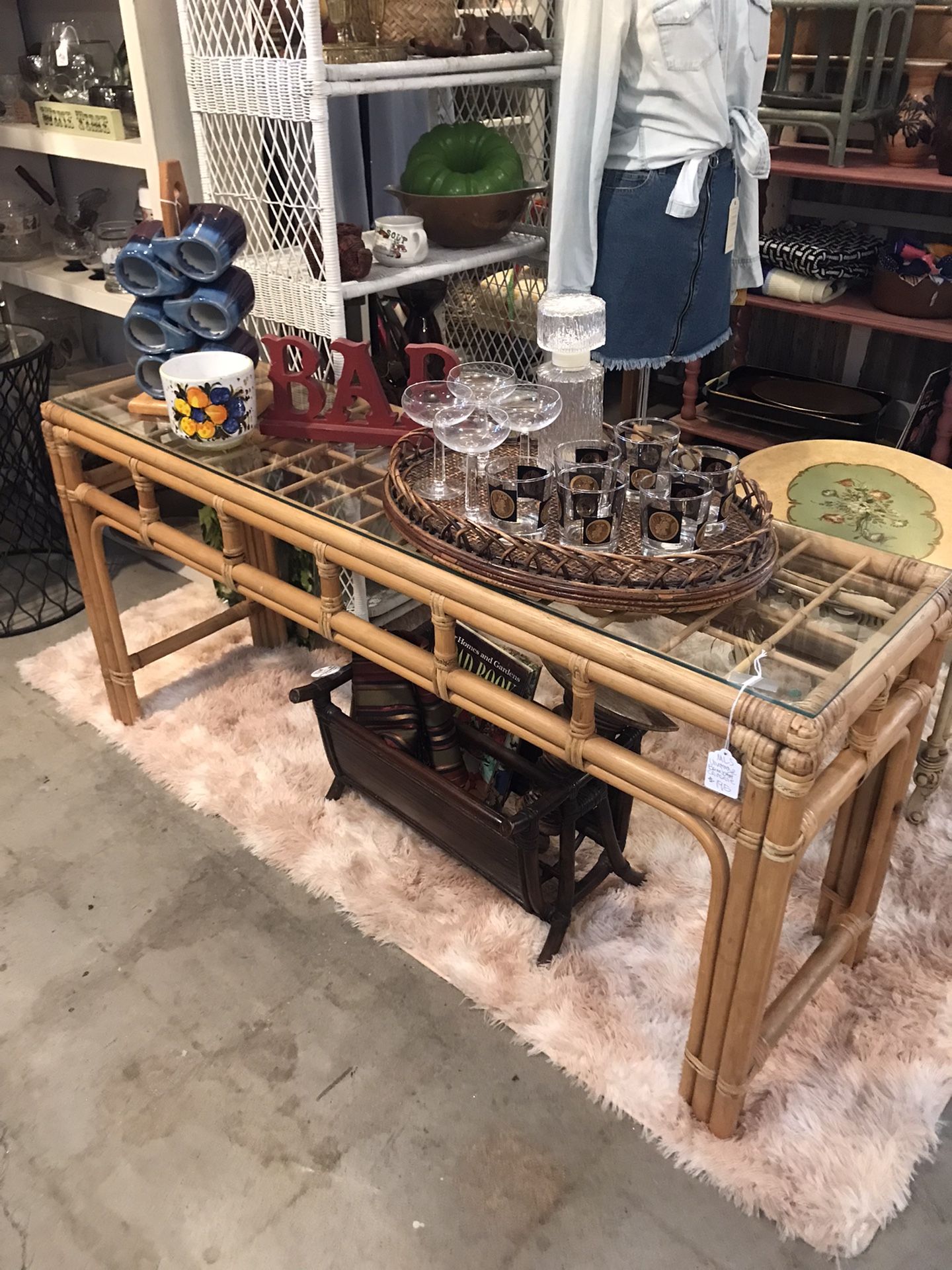 Vintage Bamboo Console Table Glass Top