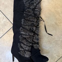 Black Fur Front Stiletto Boots With Ties