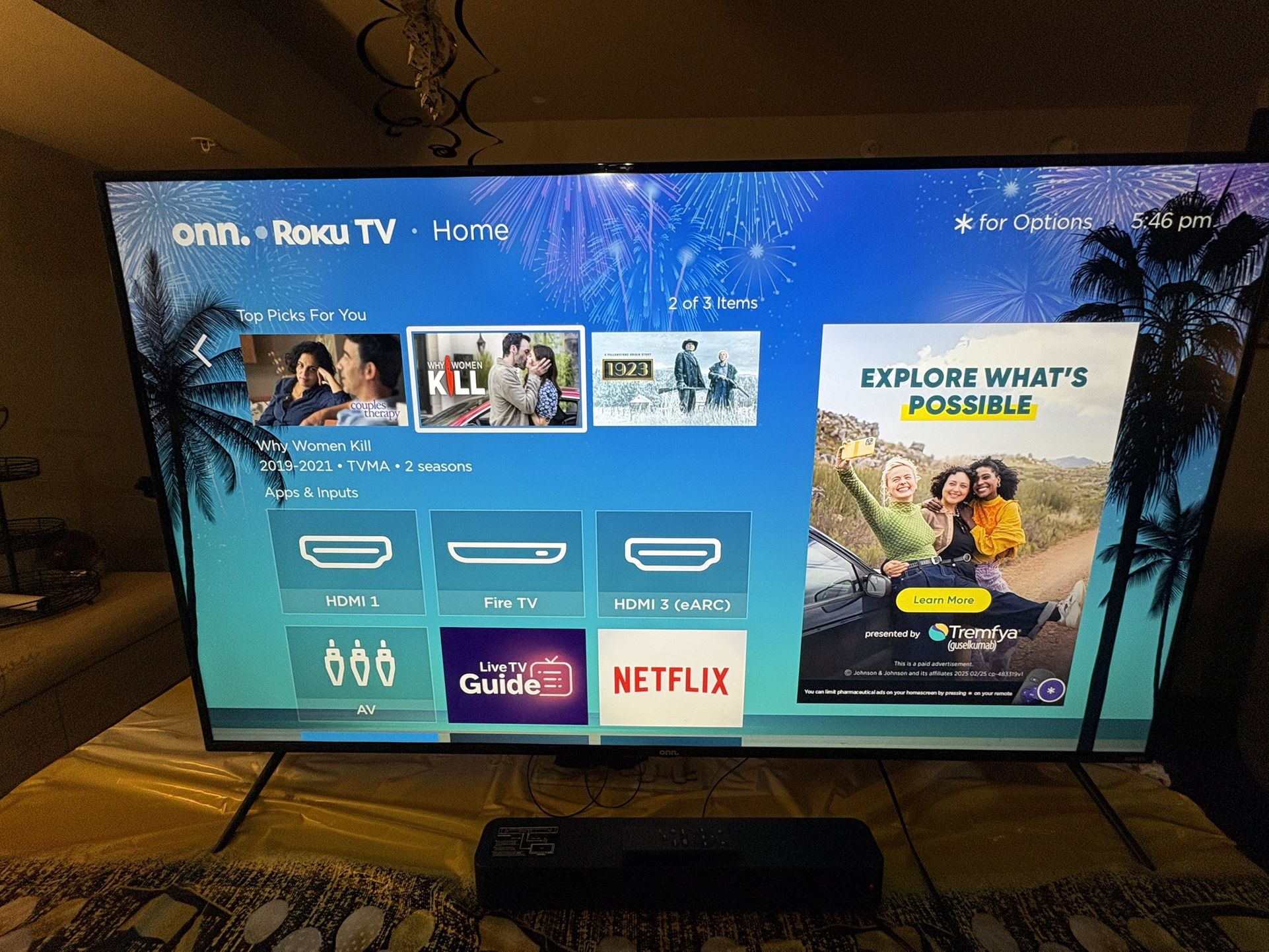 65’ Inch Onn. Roku Smart Tv & Onn Sound Bar