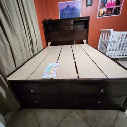 Dark Brown Wood Bed Frame With Multiple Storages, For A Queen Bed