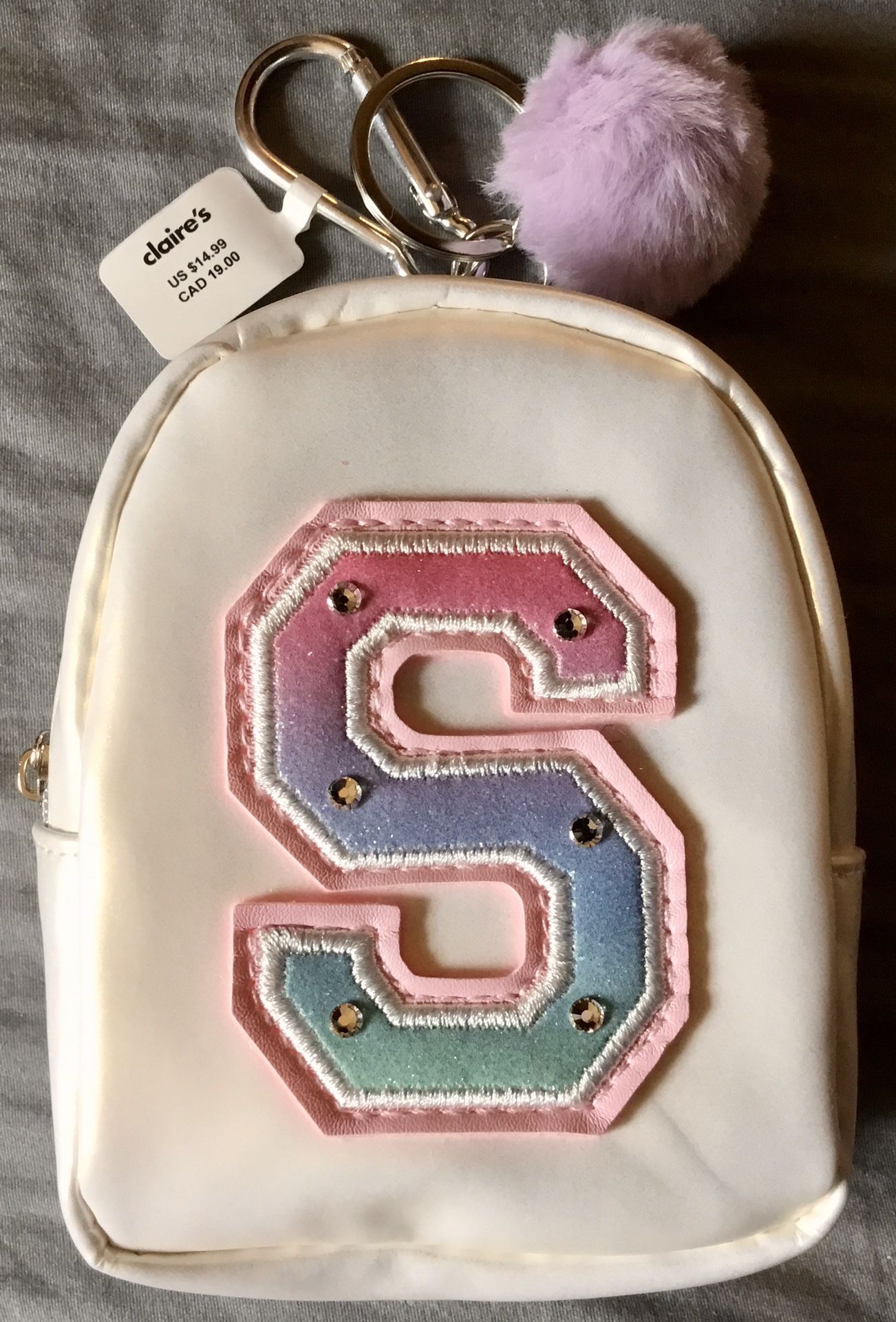 Claire’s Small Initial S Backpack Wallet With Keyring and Carabiner Attachment 4” X 5”