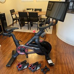 Near Perfect Peloton Bike + Size 41 & 42 Shoes + 3lb Weights - Excellent Condition!