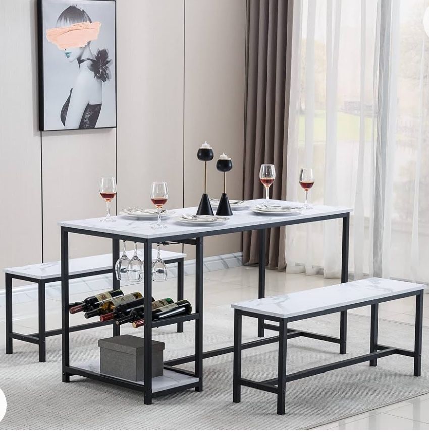 wuleen Dining Table Set, Kitchen Table and Chairs Set with 2 Benches, Small Kitchen Table Set with Wine Rack and Glass Holder, Dinette Space Saver