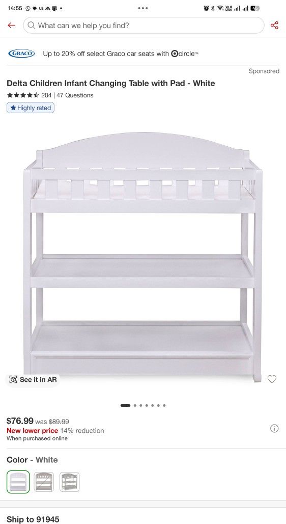 Delta Infant Changing Table with mattress and mattress fitted sheet