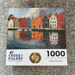 Cross & Glory - Fjord Facades: Norway's Water's Edge - 1000 Piece Jigsaw Puzzle for Adults | Norwegian Village Scene | Challenging & Vivid Detail | Id