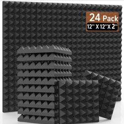 24 Pack-12 x 12 x 2 Inches Pyramid Designed Acoustic Foam Panels, Sound Proof Foam Panels Black, High Density and Fire Resistant Acoustic Panels, Soun