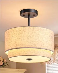 EDISHINE 12.6" Semi Flush Mount Ceiling Light, Close to Ceiling Light Fixtures with Double Drum Linen Fabric Shade, Hallway Lights Fixtures for Living