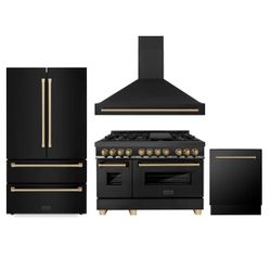ZLINE 48" Autograph Edition Kitchen Package with Black Stainless Steel Dual Fuel Range, Range Hood, Dishwasher and Refrigeration with Champagne Bronze
