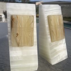Vintage White Onyx Bookends w/Mayan Stone Emblem