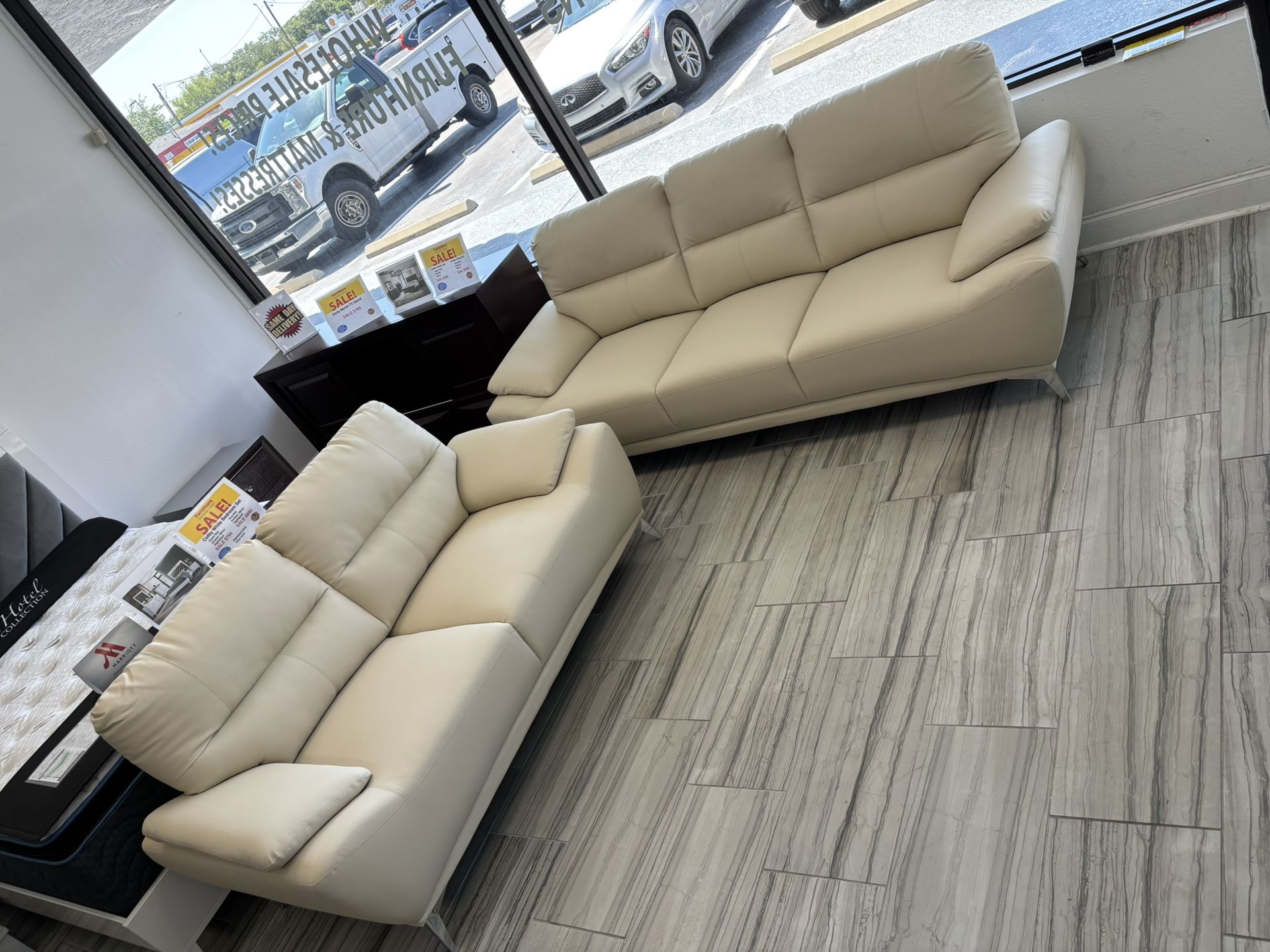 Summer sale event. Valencia beige sofa and loveseat set now $699. Easy finance option. Same-day delivery.