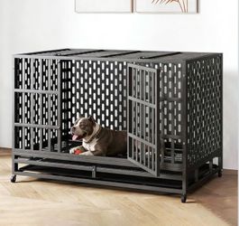 38 Inch Heavy Duty Dog Crate, Steel Escape Proof, Indoor Double Door Indestructible Dog Crate, Kennel with Wheels, Removable Tray, Extra Large XL XXL