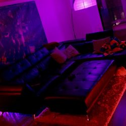 Moving — Large Black Sectional Sofa + Oversized Ottoman — Tufted, Converts to Sleeper