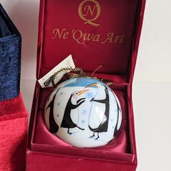 Ne 'Qwa Art Reverse Handpainted Glass Ornament "Penguins"