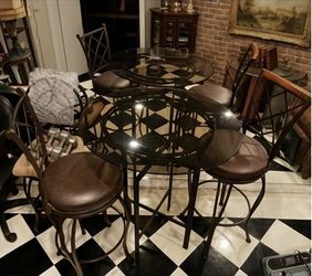 Glass Top Bar Table with 2 Brown Stools Set