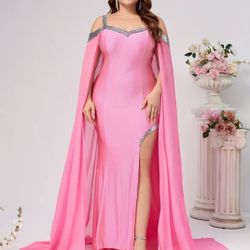 Elegant Pink Evening Gown with Sequins and Train Sleeves
