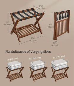 SONGMICS Solid Wood Luggage Rack Foldable Suitcase Stand Holder w/ Storage Shelf - Brown
