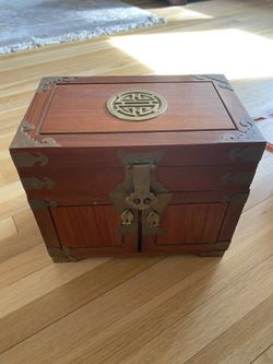 Antique Wood Jewelry Box With Brass Finishes