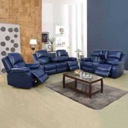 dark blue upcycled leather recliner sofa couches family living space collection furnishings three-piece sale