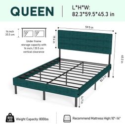 Queen Bed Frame with Velvet Upholstered Headboard, Metal Platform Bed Frame ,Dark Green
