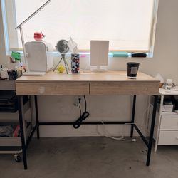 Wood Desk with 2 Drawers & Built-in Power Outlet