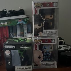 ghost face bray wyatt and signed kurt angle funko pops