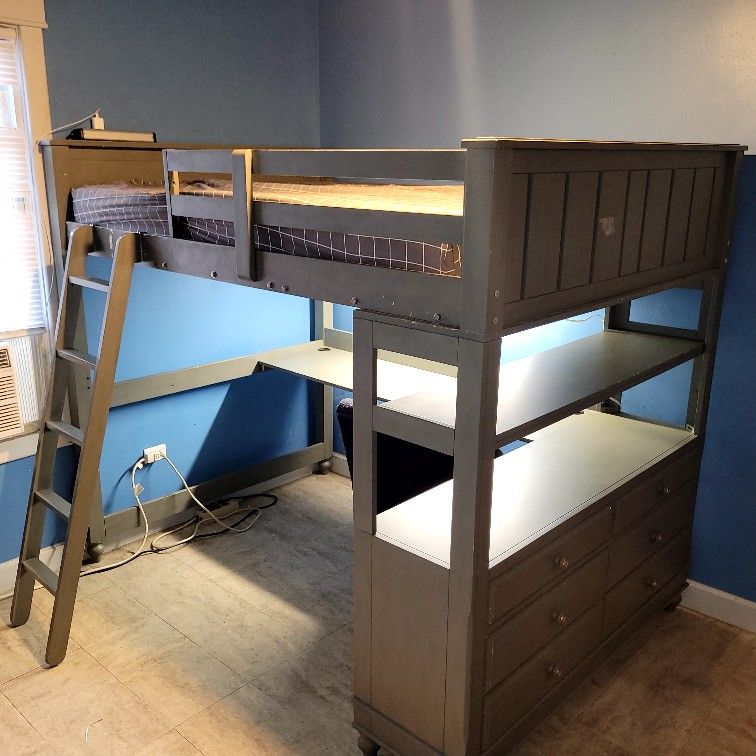 NE kids Stone Full Sized Loft Bed with Desk, Shelf, Six Drawers Set "MATTRESS NOT INCLUDED"