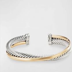David Yurman Sterling Silver 18k Yellow Gold Cable Crossover Cuff Bracelet