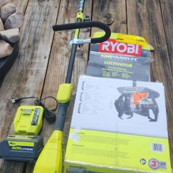 Ryobi 40V power unit+cultivator/tiller attachment, battery, fast charger