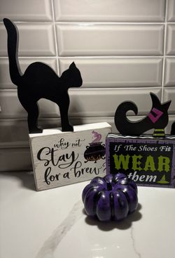 4pc Halloween witch black cat pumpkin wood signs decoration