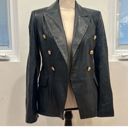 Lamarque Dark Navy Lamb Leather Catherine Double Breasted Blazer Jacket + gold buttons